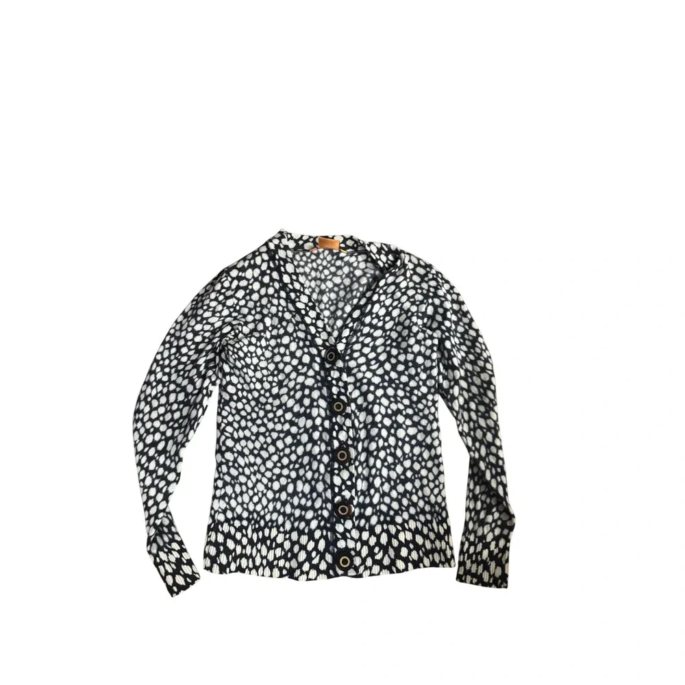 Tory Burch‎ Black Speckled Merino Wool Cardigan Sweater L Luxury Minimalist